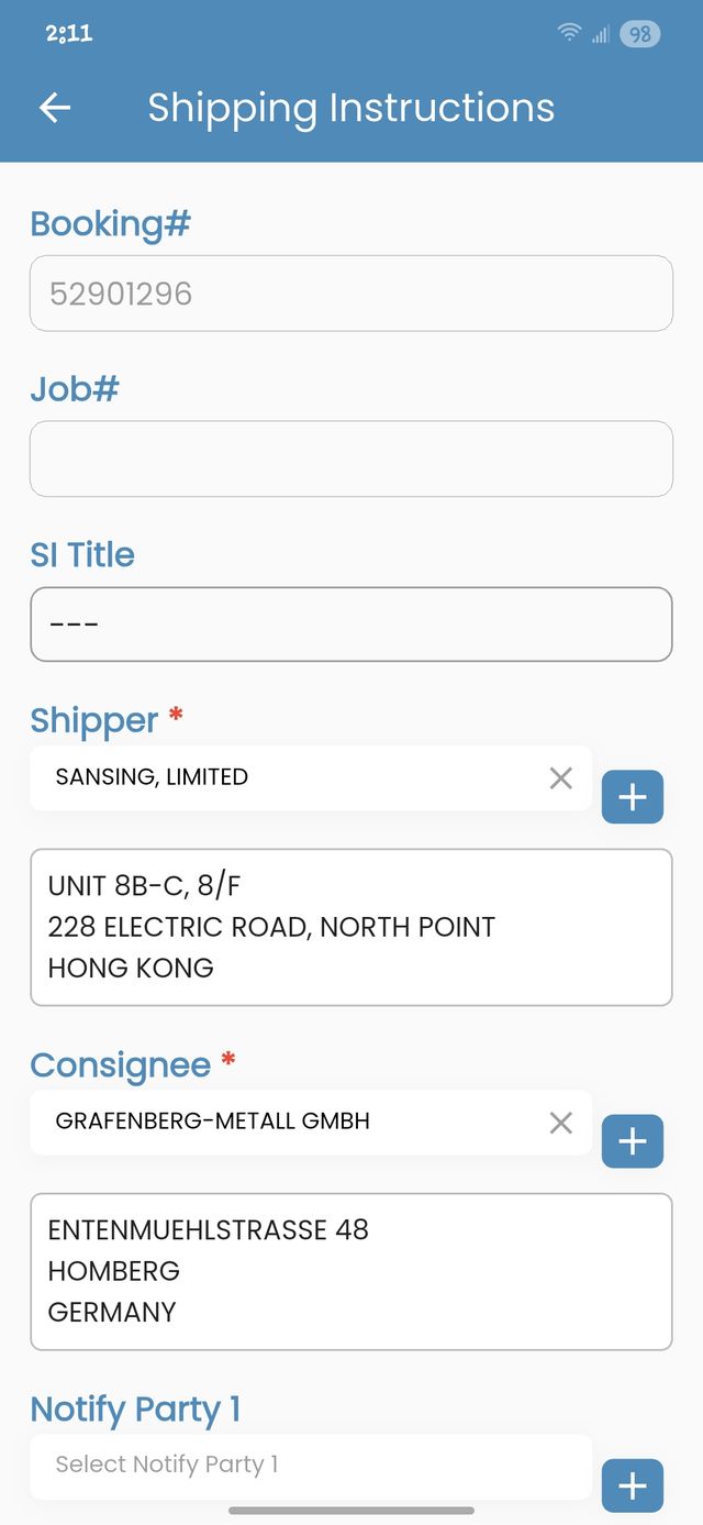 Shipping instructions form screen