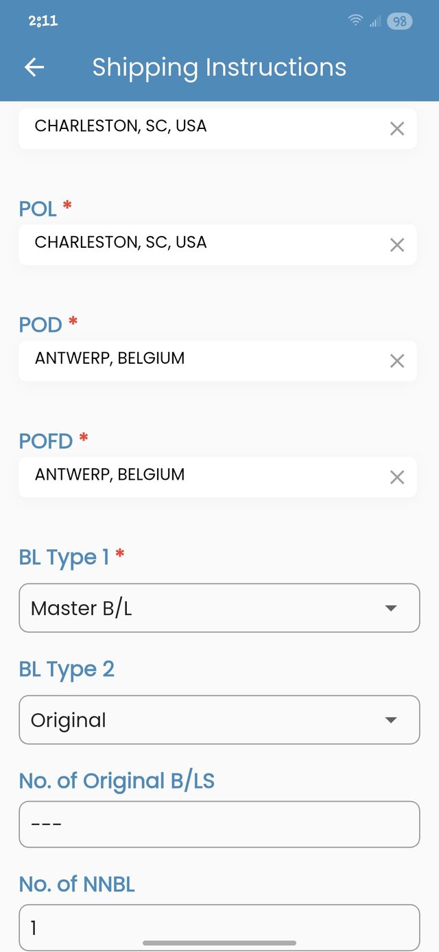 Shipping instructions details screen