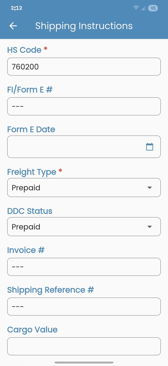 Shipping instructions submission screen