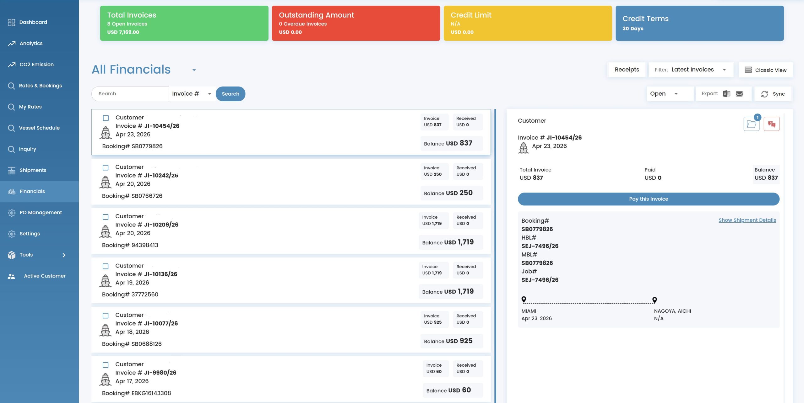 Sealink invoice management screen