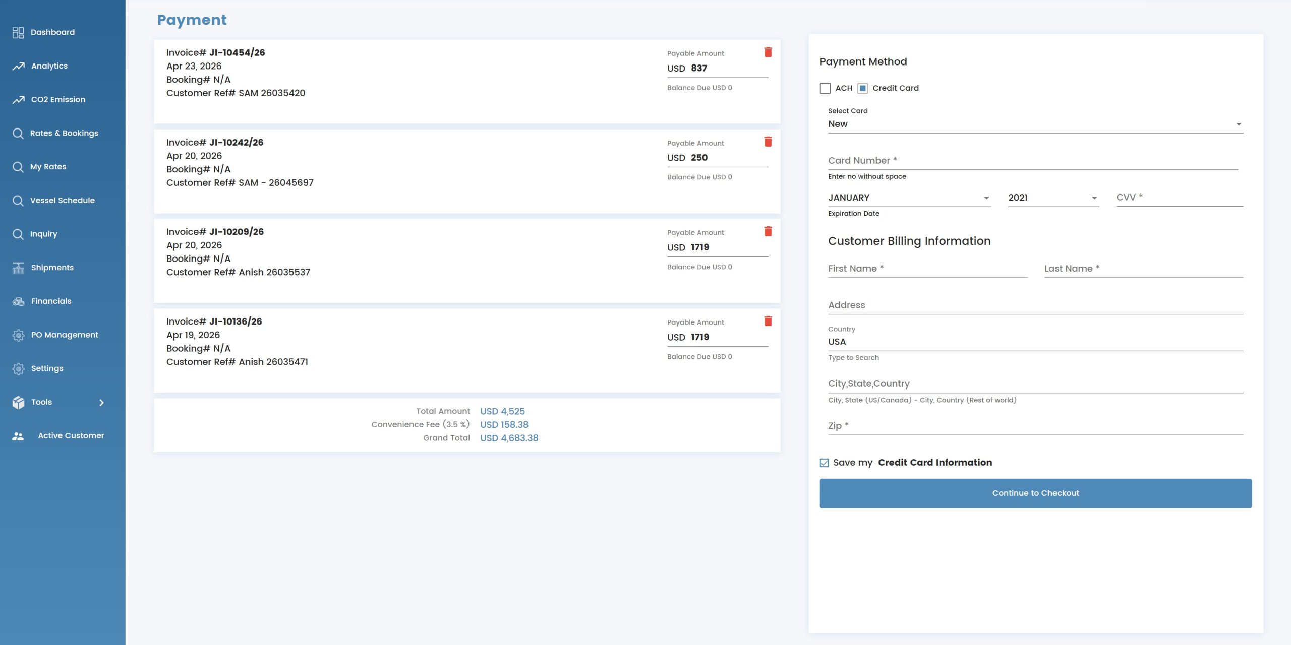 Sealink payment management screen