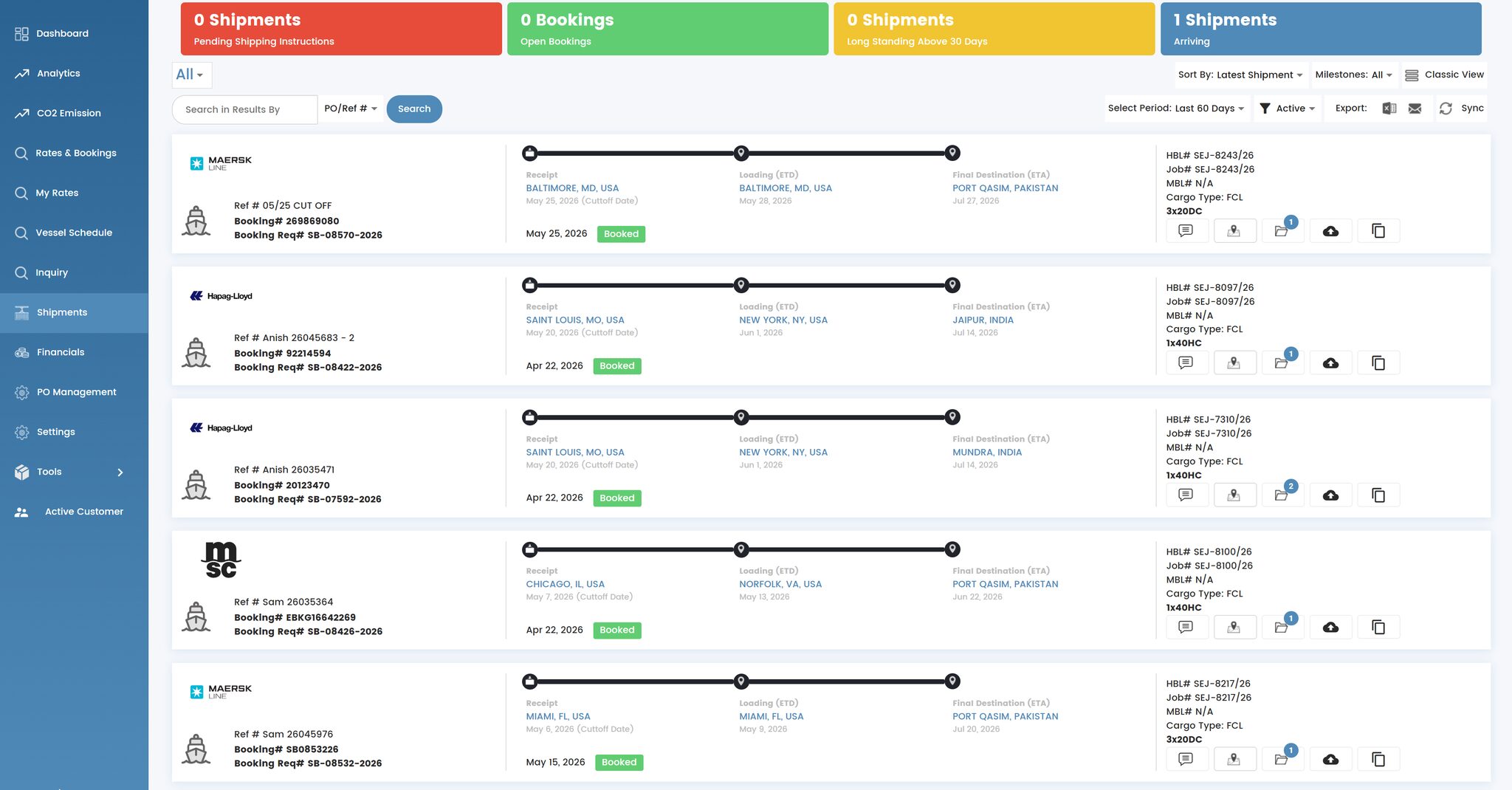 Sealink shipment management screen