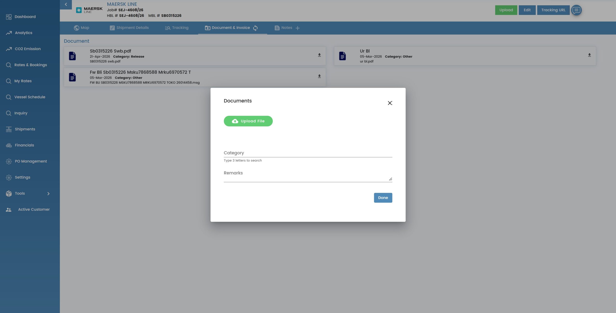 Sealink shipment document management screen