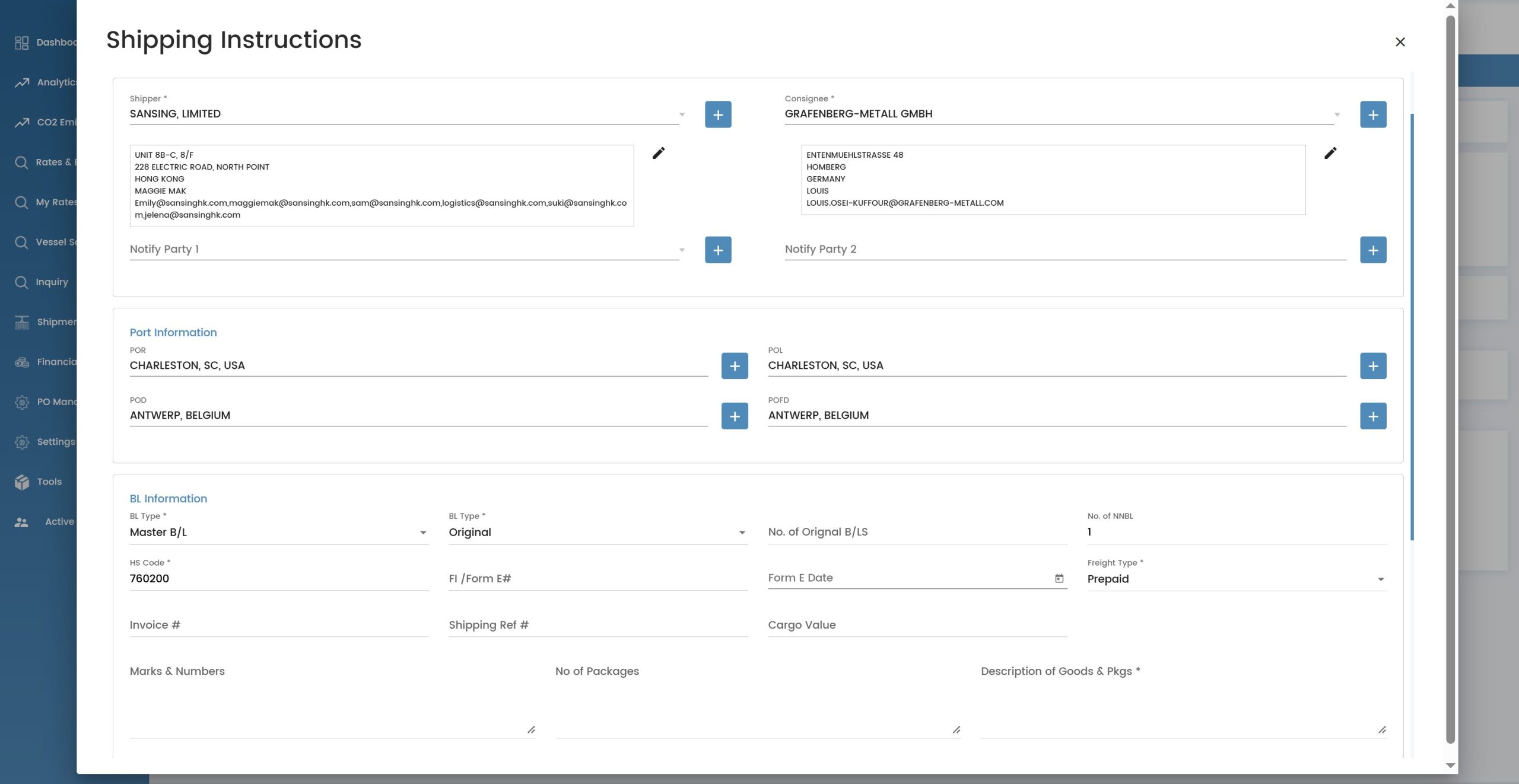 Sealink shipping instructions screen