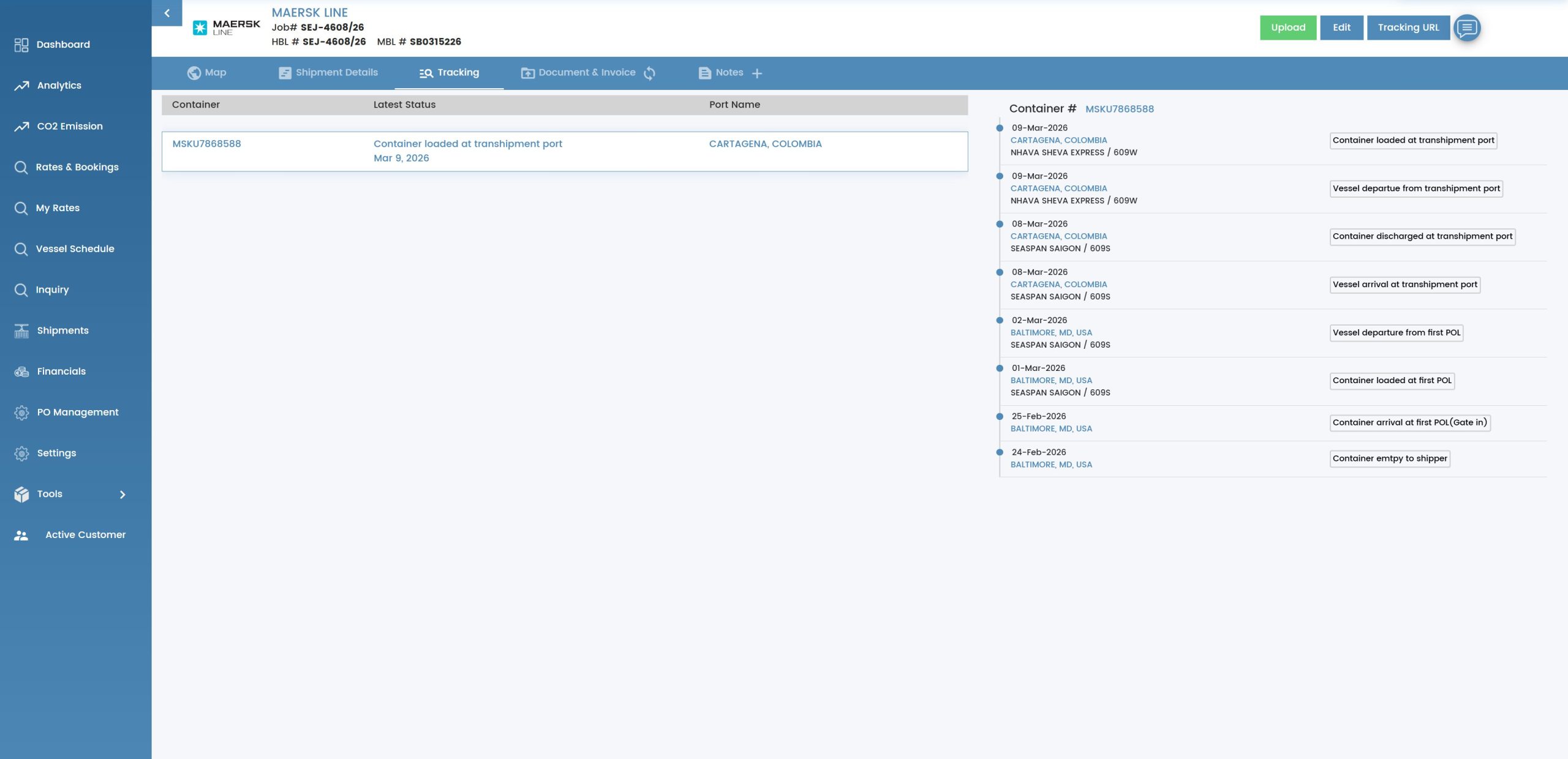 Sealink shipment tracking screen